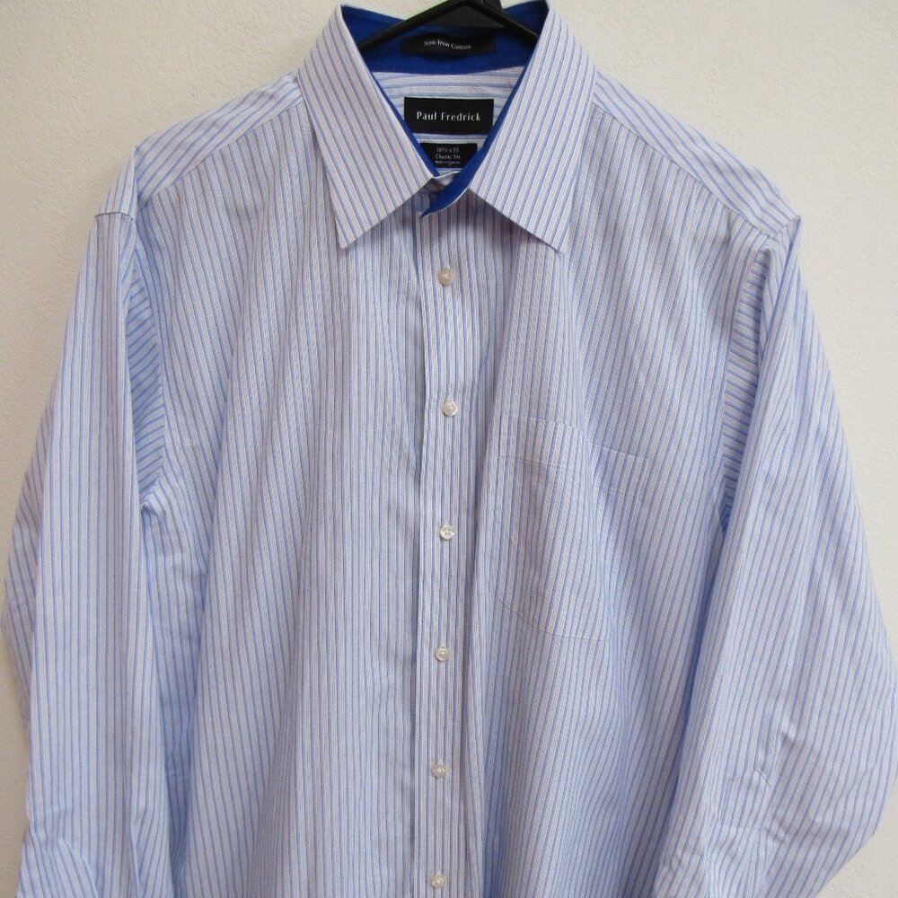 Paul Fredrick‎ Men's Blue Stripe Button-Down Shirt 16.5x33 Non-Iron Cotton